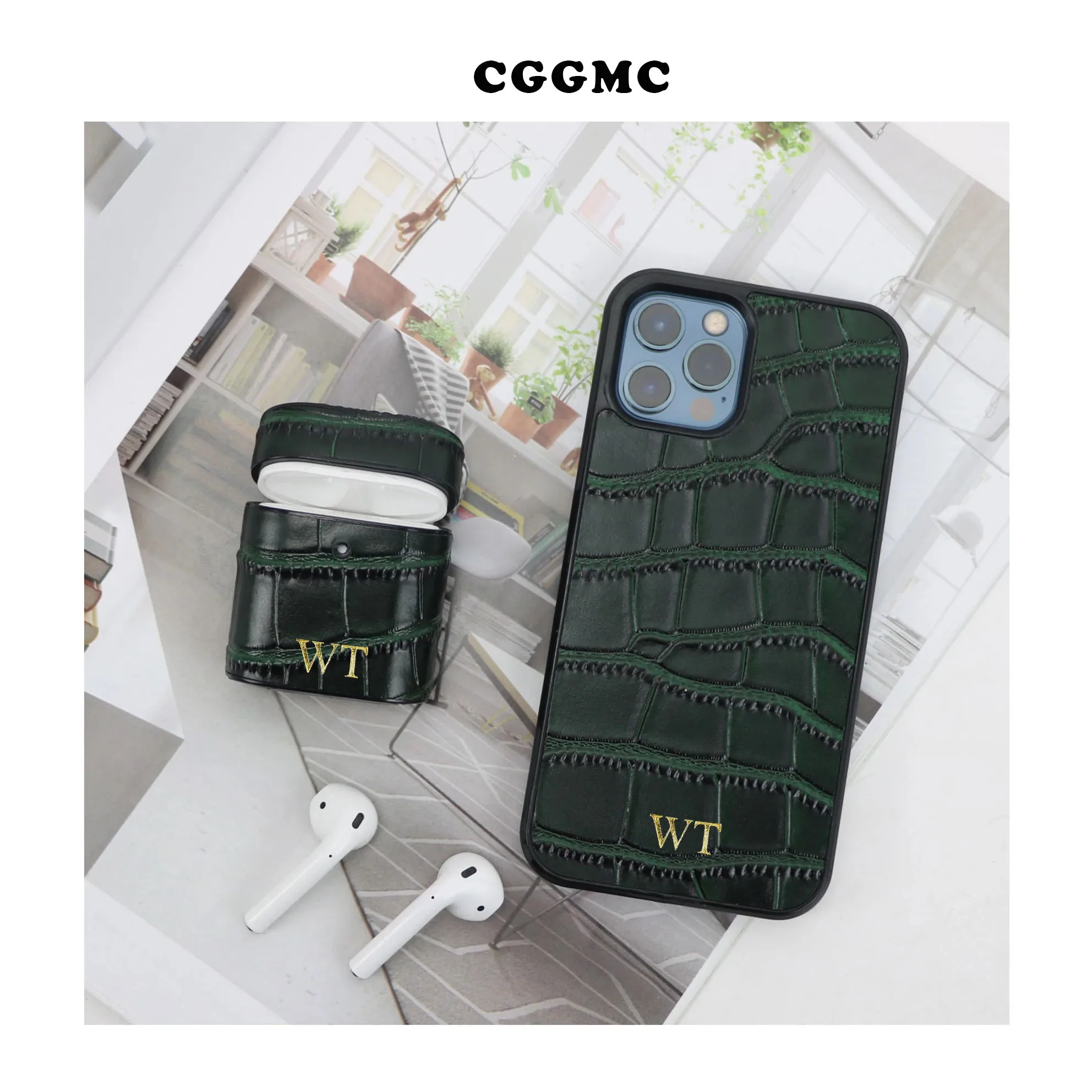 Customized Luxury Genuine Leather Crocodile Mobile Phone Case for Iphone 11 12 13 PRO Max Protective Cover For Airpods 1 2 Pro 4