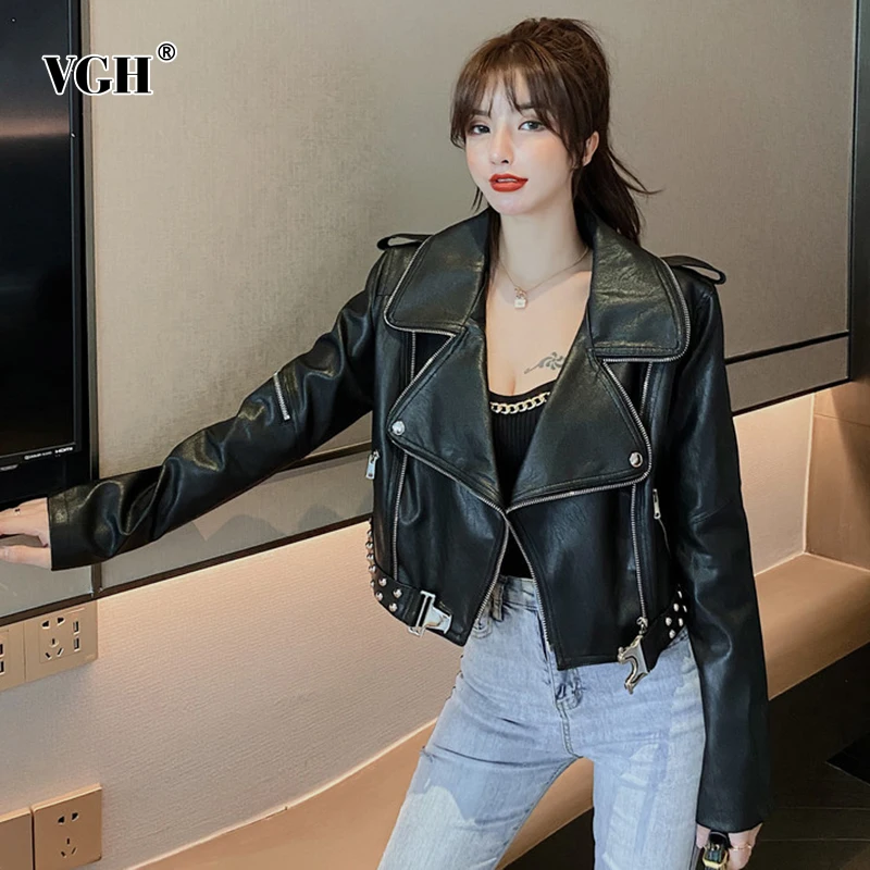 

VGH Korean Fashion Short Black PU Leather Loose Jackets Female Lapel Long Sleeve Patchwork Rivet Slim Woman Coat 2021 Autumn New