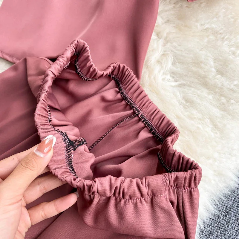 

Fitaylor New Summer Ladies Sweet Two Piece Set Women Beach Solid Color Sets Bandage Backless Short Top High Waist Wide Leg Pants