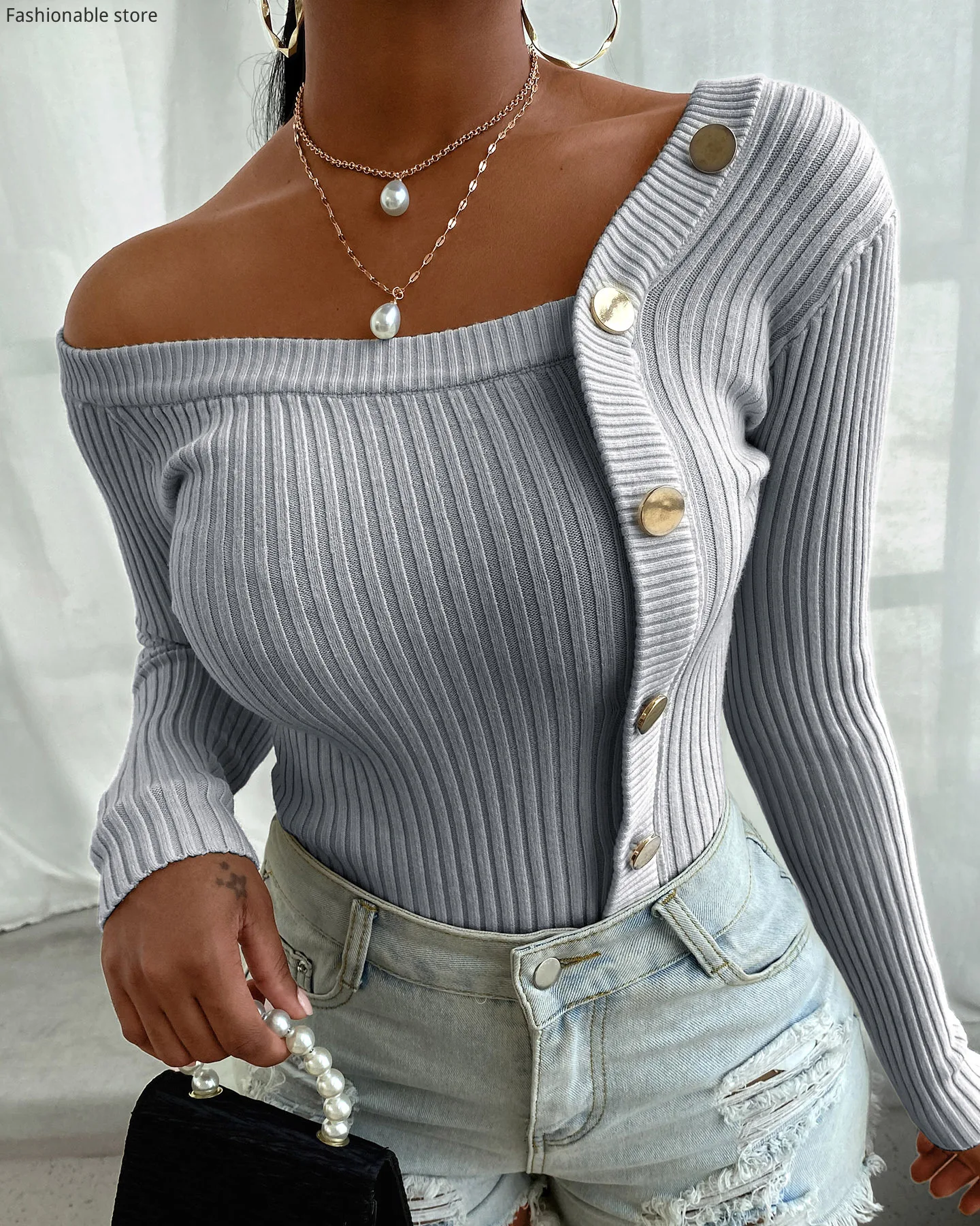 

Women Elegant Button Design Long Sleeve Knit Sweater Sexy Skinny Solid V-Neck Top Outwear