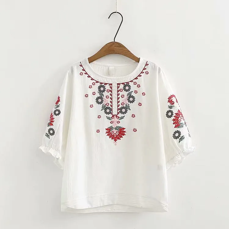 Женская винтажная блузка с цветочной вышивкой Повседневная Свободная пляжная