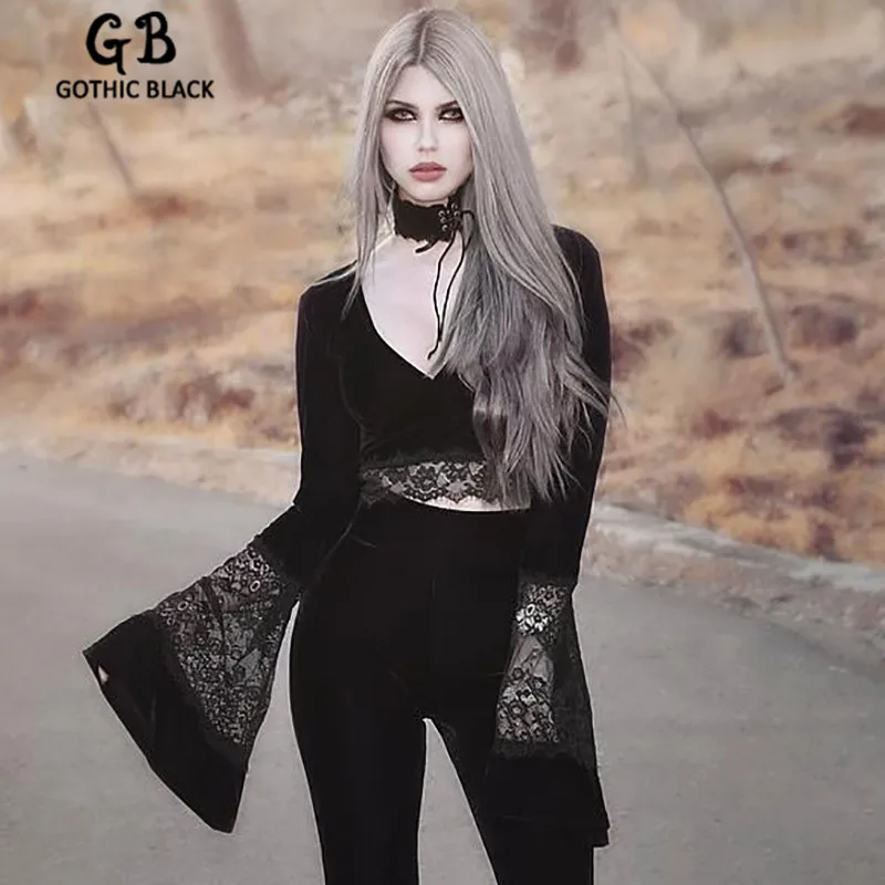 Женский винтажный Топ с длинным рукавом черный облегающий кружевной топ
