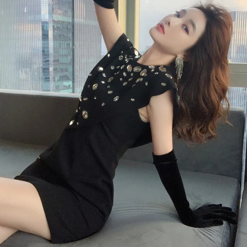

Vintage French Black Dress Women Crystal Diamond Slim Fit Sleeveless Spring Autumn Office Lady Round Neck Solid Elegant Dress