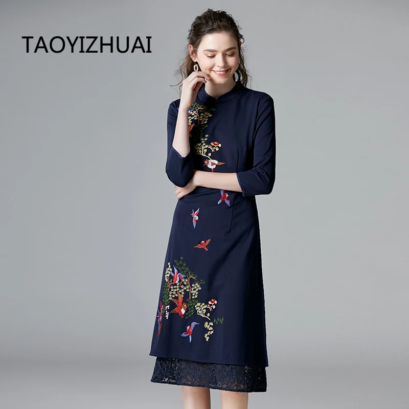 TAOYIZHUAI, осень, Новое поступление, винтажный стиль, чонсам, женское платье, линия, животный принт, размер s-5XL, длина до колена, вечернее платье 14300