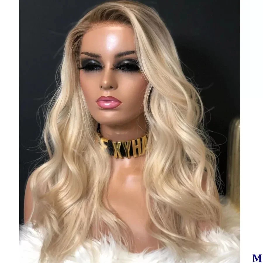 

Ombre Blonde Wavy European Remy Human Hair Wigs Dark Root Blonde 13X6 Lace Front Wigs Middle Part for Women Transparent Lace
