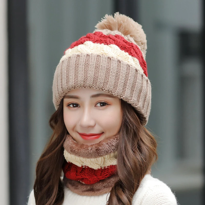 Warm Winter Knit Beanies for Women - Windproof and Cycling Compatible Thick Hats with Bib, Stitching, and Wool Knitting - Set of 2 Caps image 3