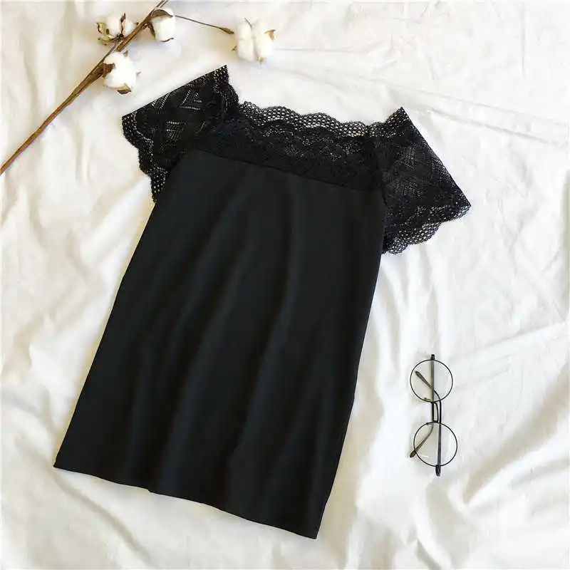 

2021 summer Korean half sleeve lace top mesh stitching T-shirt