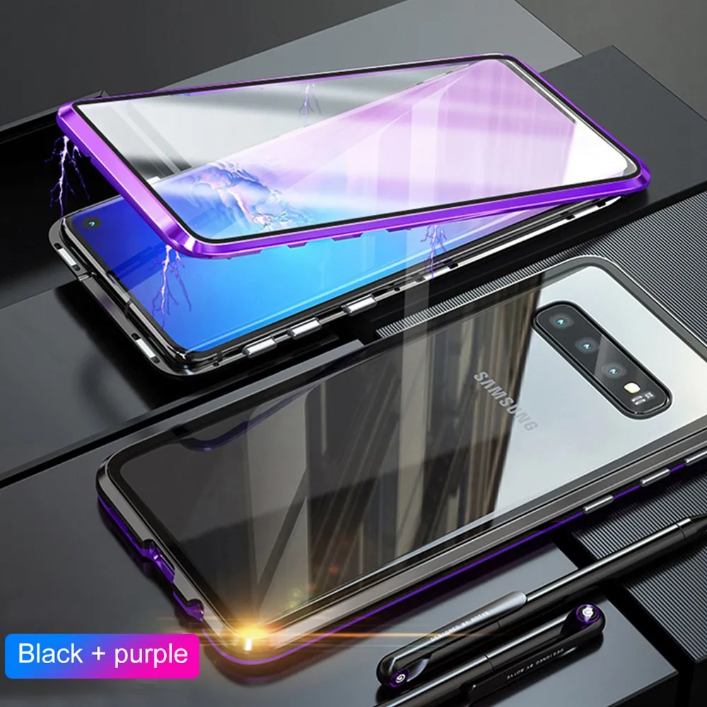 360 полностью металлический флип-чехол для samsung Galaxy S10E, Магнитный чехол, переднее и заднее закаленное стекло, samsung S10E Galaxy ys10e, чехол - Цвет: Black Purple 2 Glass