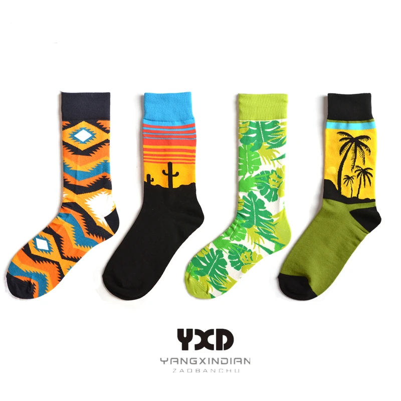 5 Pairs/Men's Socks Men Cotton Colorful Creative Pattern Long Socks Man Street Hip Hop High Socks With Print Cactus Coconut Draw