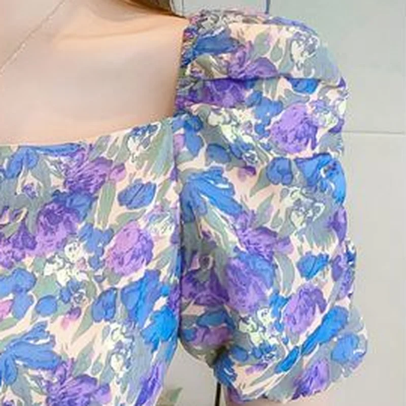 

Dresses Women Printing Sweet Temperament Fashion Summer Side-slit Novelty Gentle Female Vestidos French Ulzzang Puff Sleeve Chic