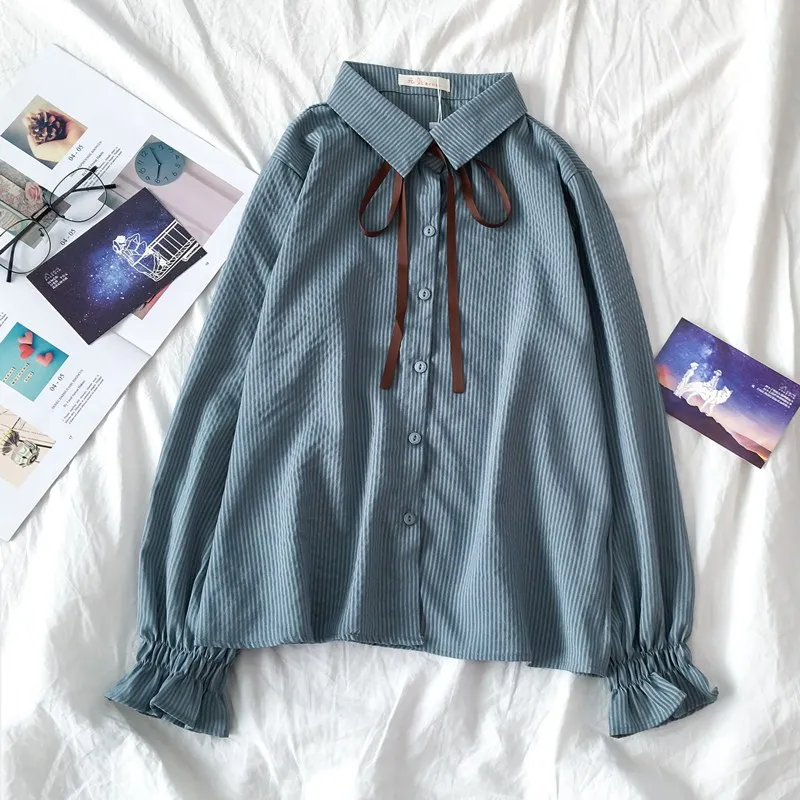 Женская блузка белого и голубого цвета с длинным рукавом лето-осень 2020