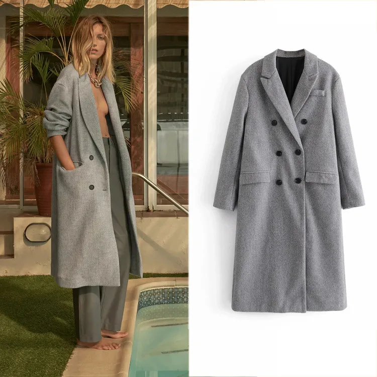 

2021 feminino korean abrigos mujer Extended woolen coat autumn winter women double-breasted coat za người phụ nữ áo khoác