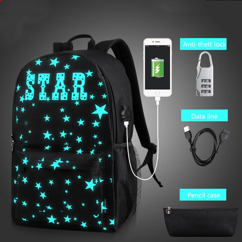 Рюкзак мужской светящийся с USB разъемом модный ранец для компьютера школы и