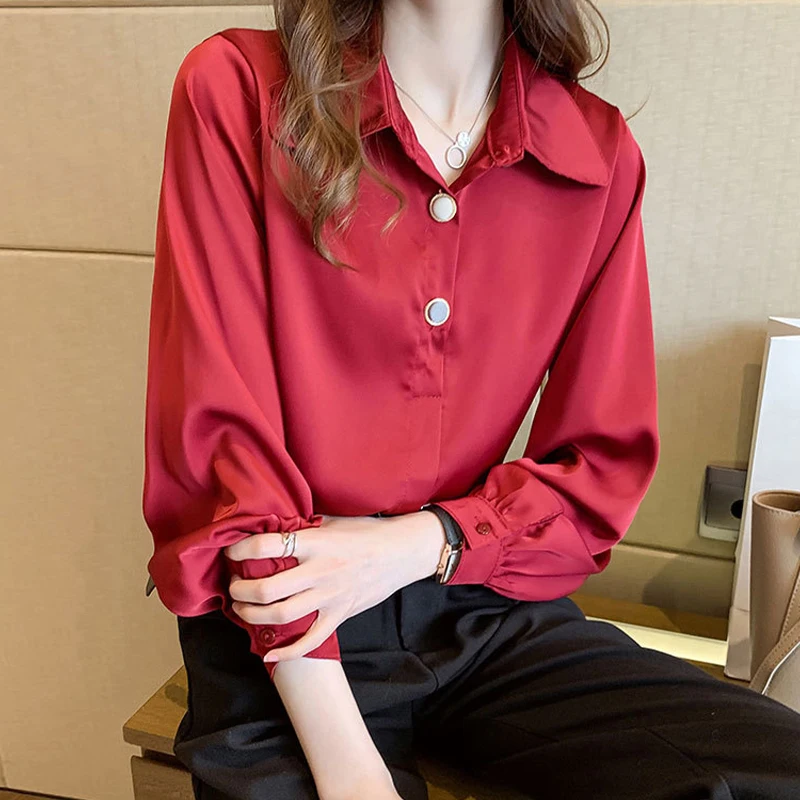 Женская атласная блузка элегантная Осенняя рубашка белого цвета с имитацией