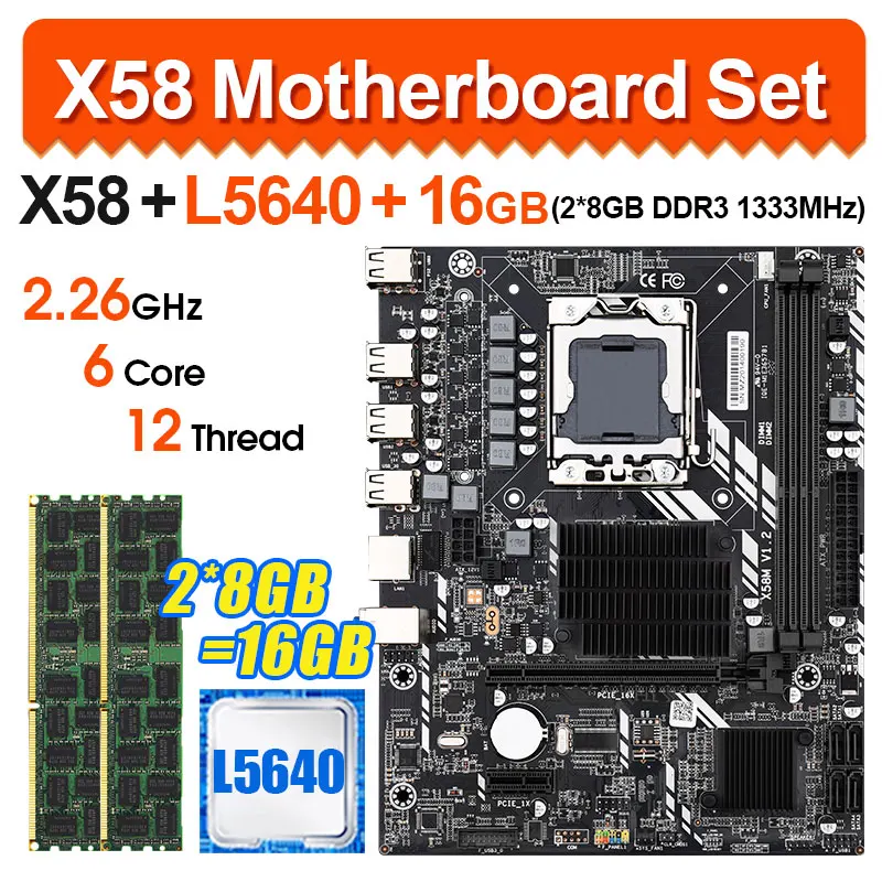 Conjunto de placa base de escritorio X58 LGA1366, con procesador Intel xeon L5640 y 16Gb(2 uds. X 8GB) ECC DDR3, Combo de memoria RAM de 1333mhz