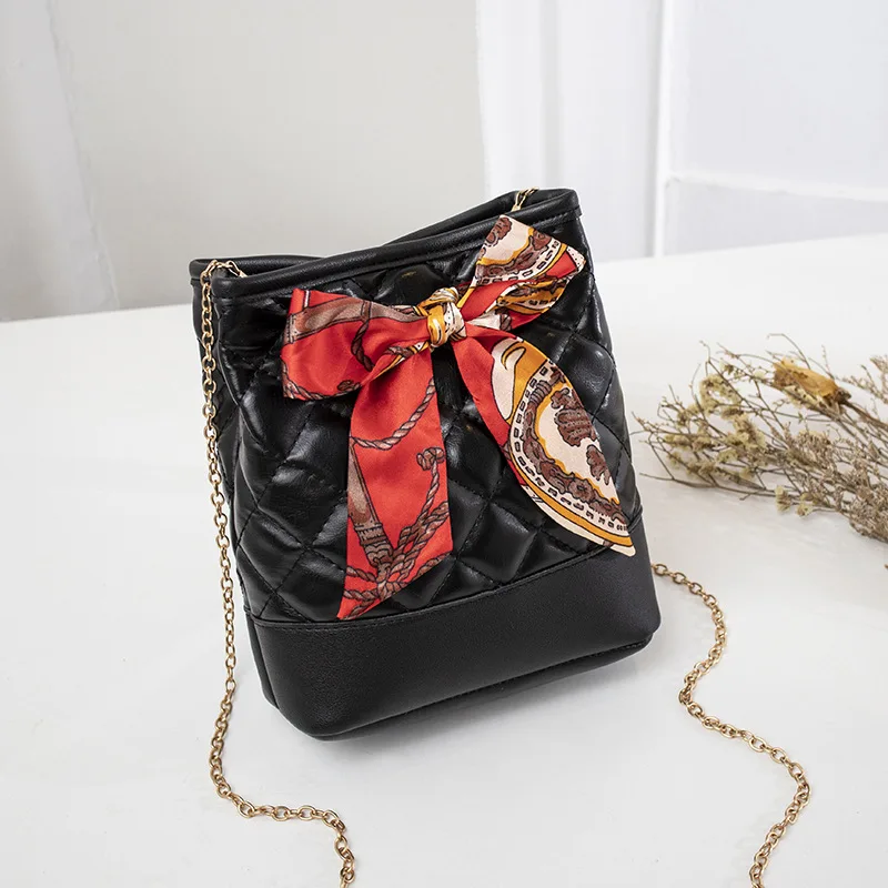 

2020 Spring and Summer Women's Chain Rhombic Bucket Shoulder Bag Korean New Silk Scarf Bow Messenger Crossbody Bag #15