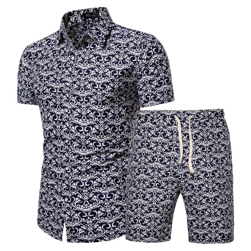 

2020 Summer New Men's Clothing Short-sleeved Printed Shirts Shorts 2 Piece Fashion Male Casual Beach Wear Clothes