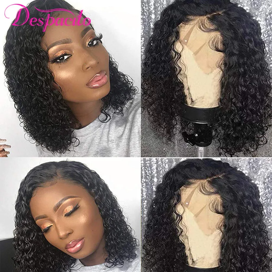 

Brazilian Kinky Curly Short Bob Human Hair Wigs For Black Women 8-16 Inches Cheap Curly Wig 4x1 Middle Brown Lace Closure Wigs