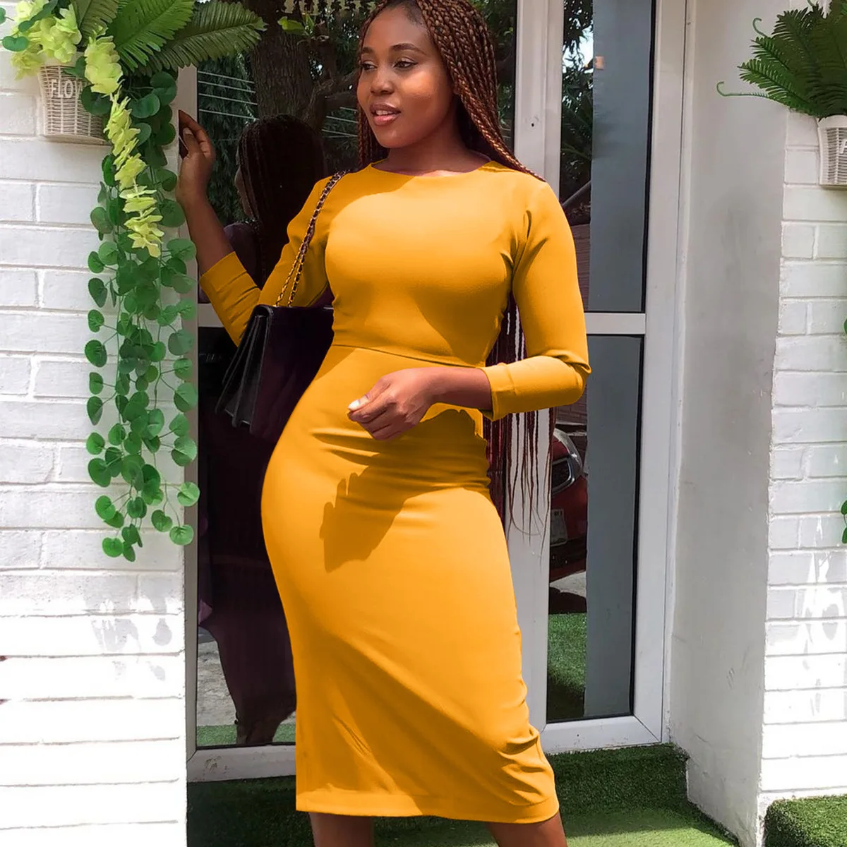 

Casual Bodycon Dress Women Elegant Elastic Slim Long Sleeve Maxi Dress 2021 Summer Solid Color O-neck Robe Long Dress Vestidos