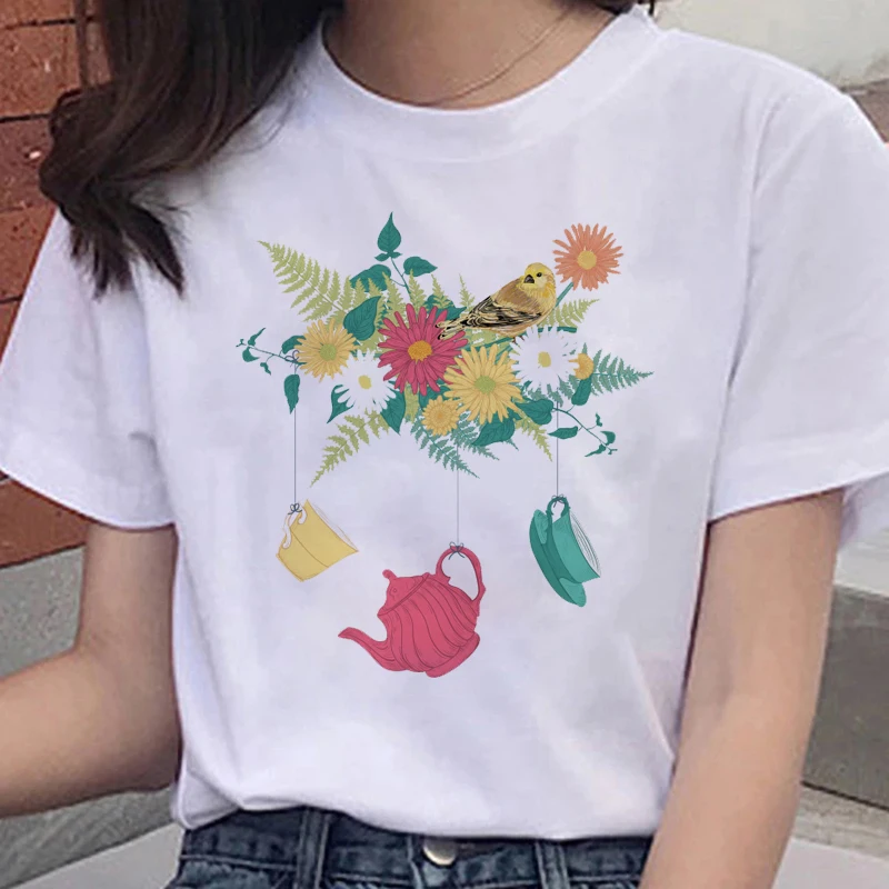 

2021 Summer New Floral Tea Mobile Print Floral Women T-shirt Ladies Fashion Round Neck High Quality Tee 3XL Aesthetic Mujer Tops