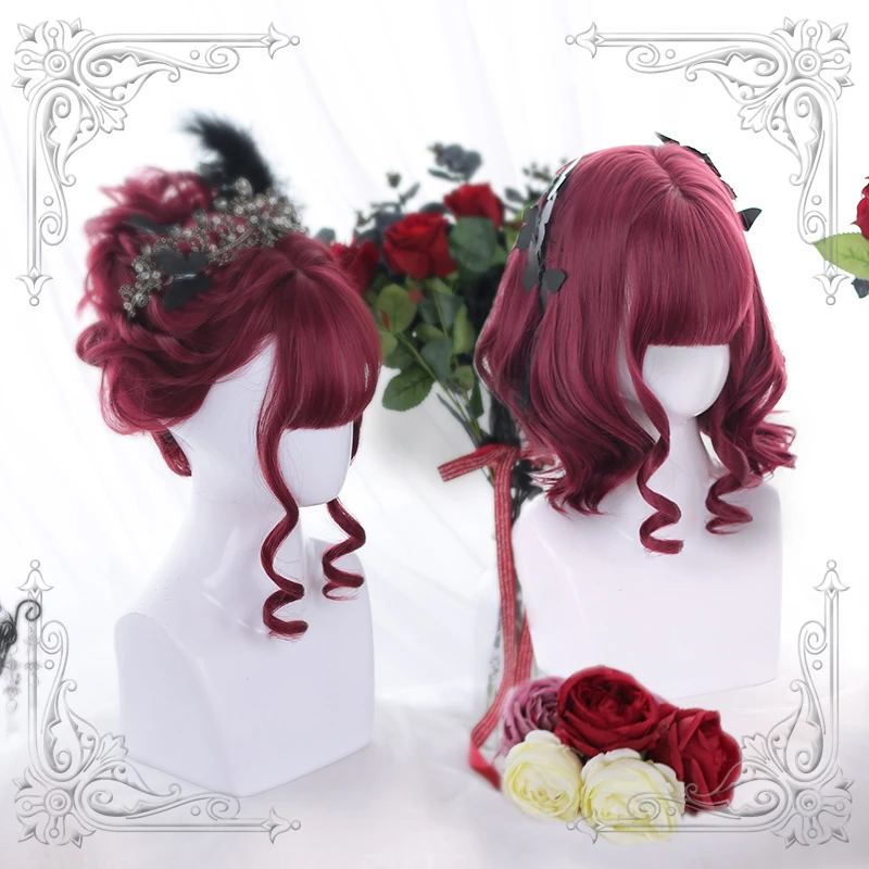 

High Quality Lolita Starry Sky Red Air Bangs Female Loveliness Short Curly Hair Wig Cosplay Party