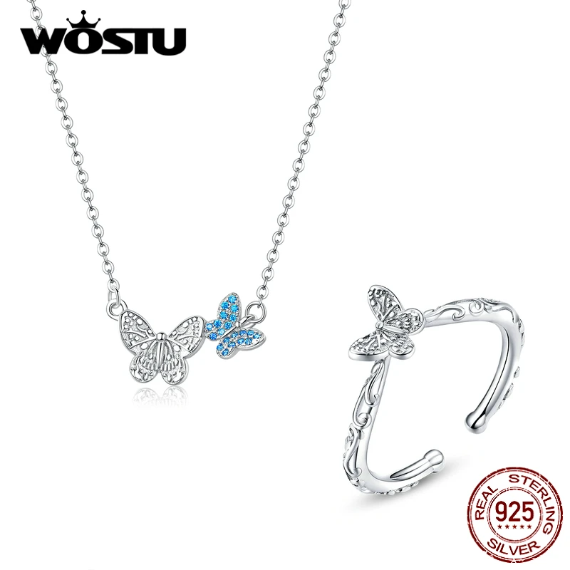 WOSTU Настоящее серебро 925 пробы бабочка ювелирный набор ожерелье и регулируемое