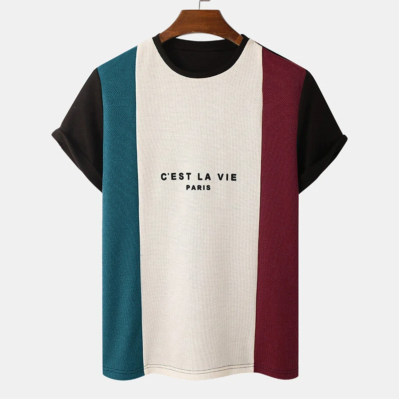 

Fashion Patchwork Letter Print Short Sleeve T-shirt For Men 2021 Summer New Casual Tees Hipster Men's O-Neck Pullover Streetwear