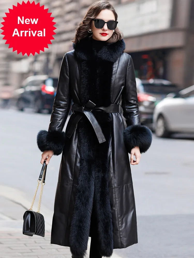 

2020 fashionable elegant fox fur hooded sheepskin coat slim leather down jacket women's long