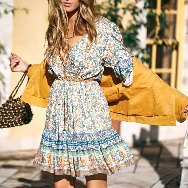 Женское Цветочное платье с рукавами-фонариками и V-образным вырезом | Женская