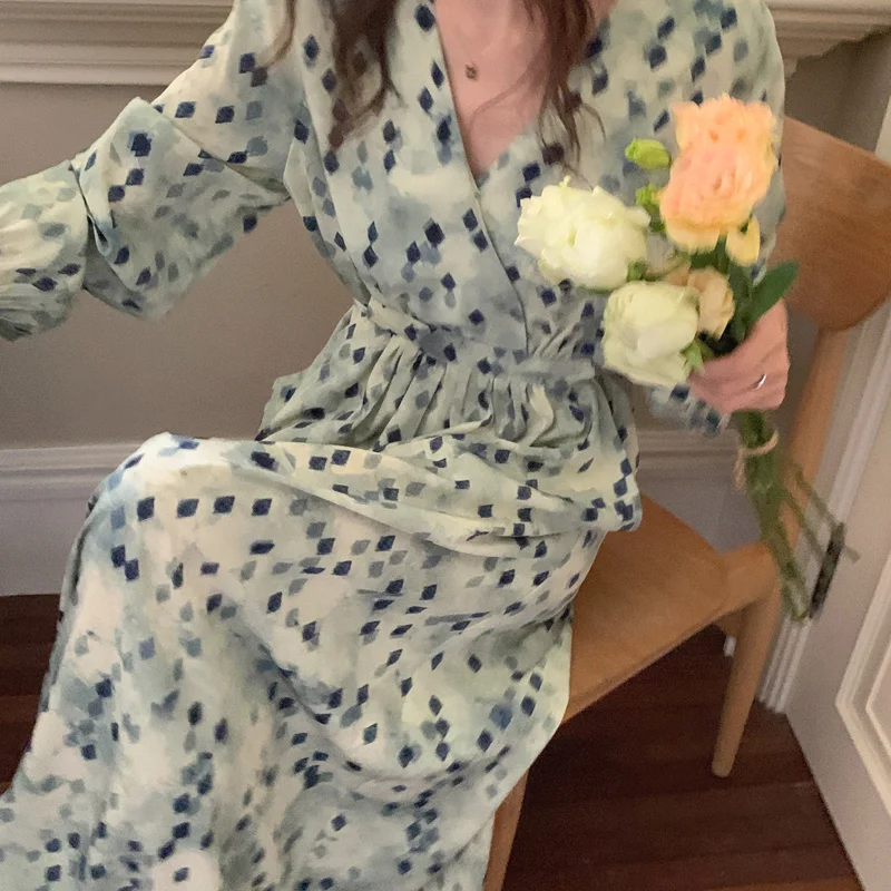 Корейское весеннее платье элегантное ромбическое контрастное Привлекательное с