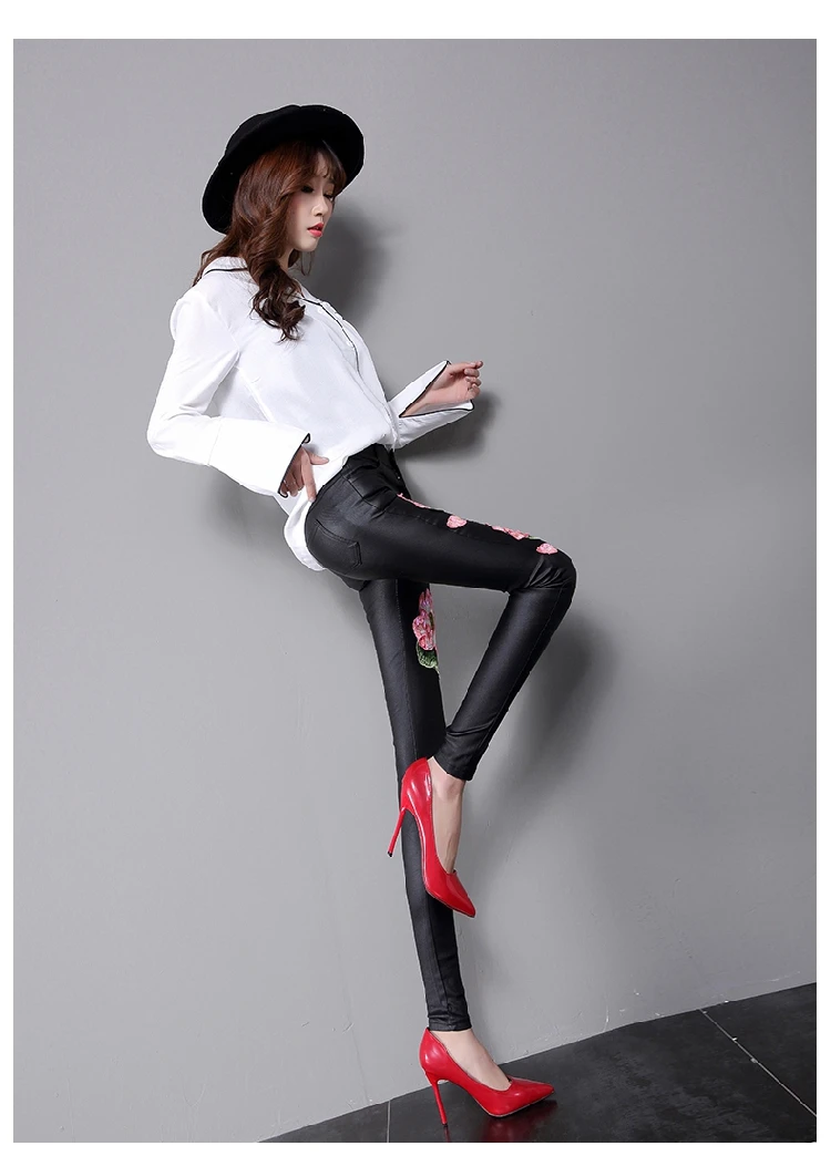 

European Leather Denim Pants Women Fall Winter Women's Wear New Lotus Leather Pants Skinny Plus Velvet Warm Trousers Leggins