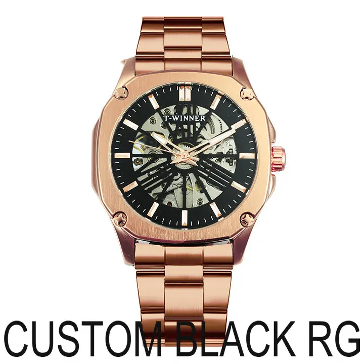 CUSTOM BLACK RG WINNER официальный розовое золото автоматические механические мужские часы лучший бренд класса люкс Скелет квадратный циферблат Винтаж Бизнес наручные часы - Цвет: CUSTOM BLACK RG