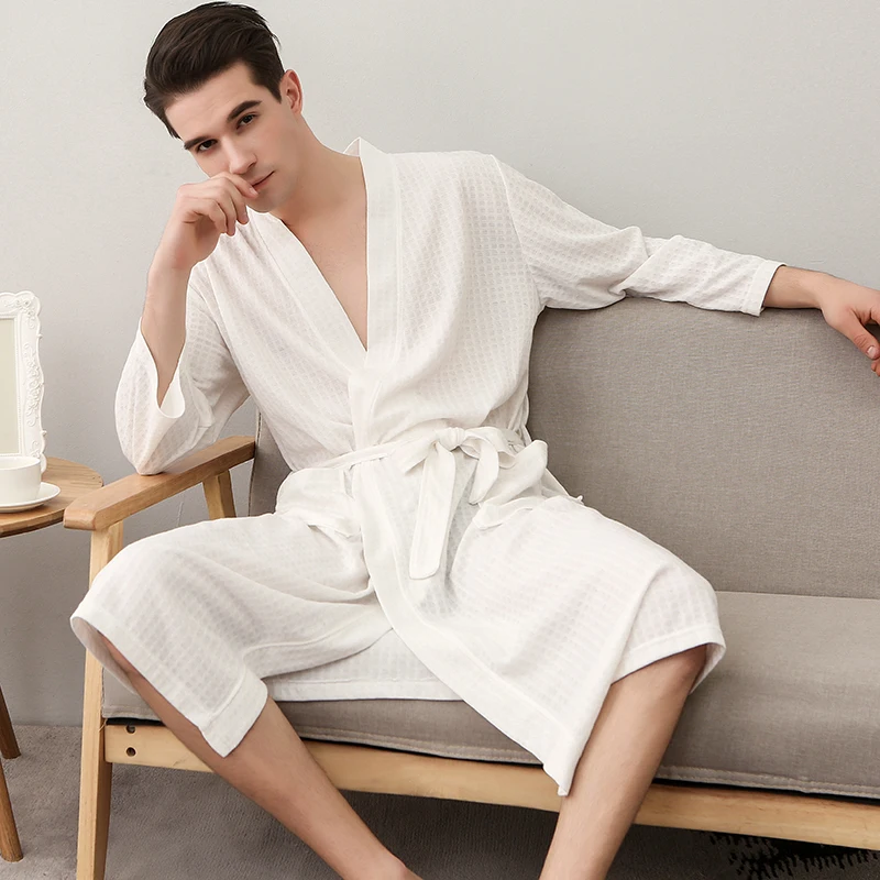 

Nightgown loose pajamas autumn and winter Robe de nuit men's waffle robes pajamas home service bathrobes absorbent and quick-dry