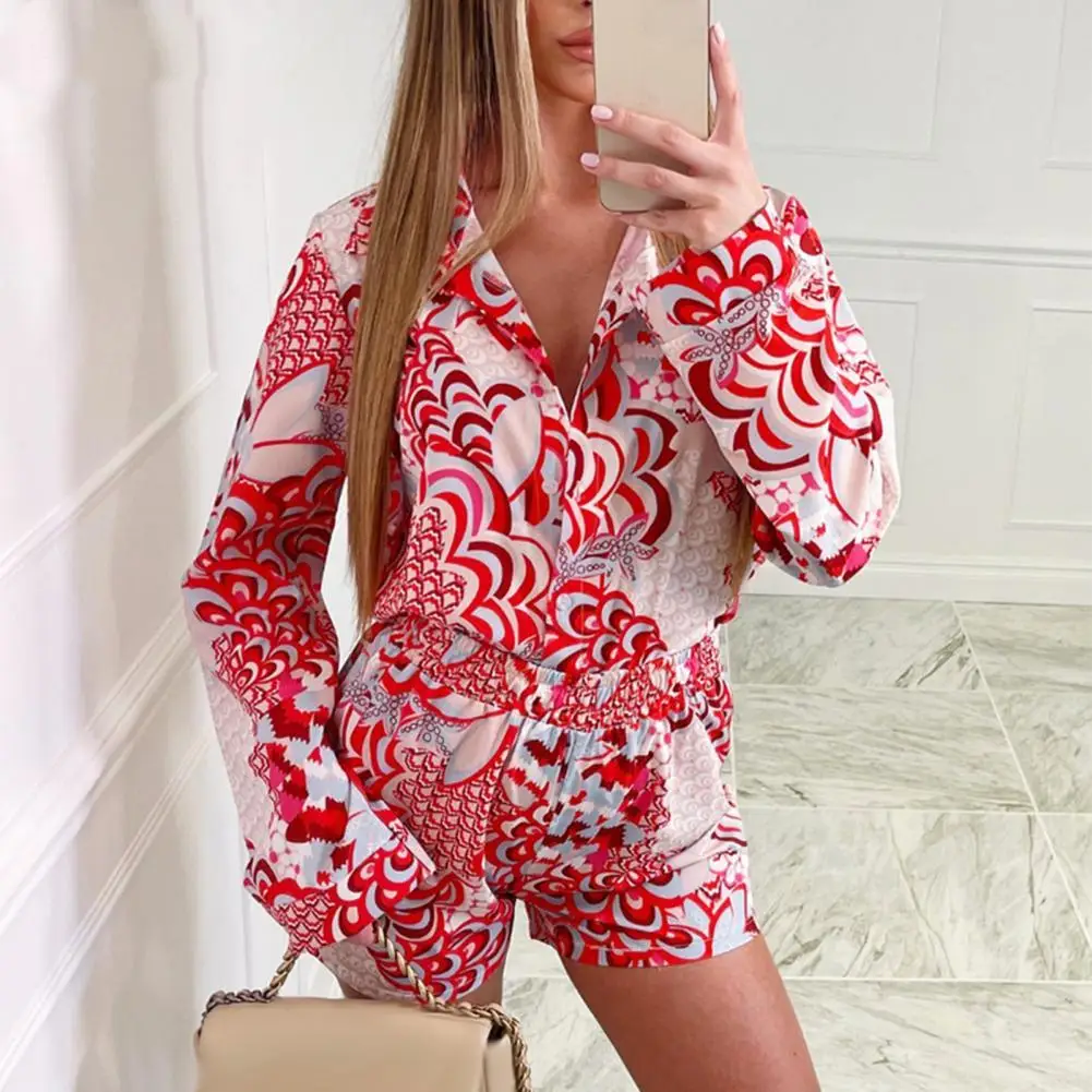 

80% HOT SALE 1 Set Shirt Shorts Set Printed Elastic Waist Women Long Sleeve Single-breasted Outfit for Vacation Female Suits