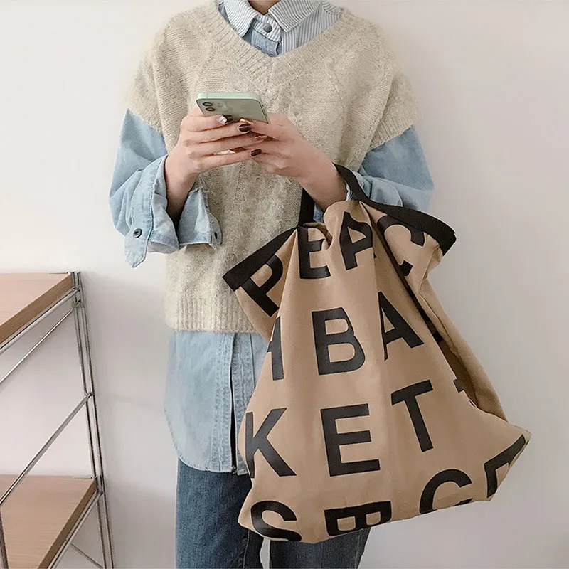 

NEW Women's Canvas Casual Tote Shoulder Bag Stylish Waterproof Shopping Cloth Bags Foldaway Travel Bag Letter Print Handbag