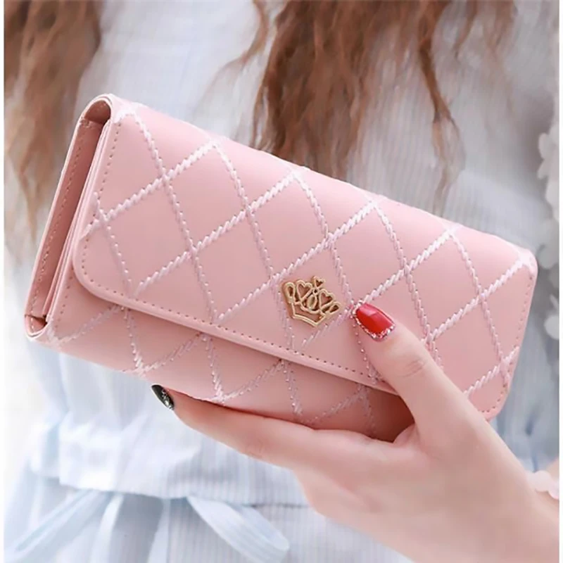 

Metal Crown Women PU Leather Purse Wallet Coin Card Holder Diamond Lattice Pattern Long Wallets Lady Clutch Bags