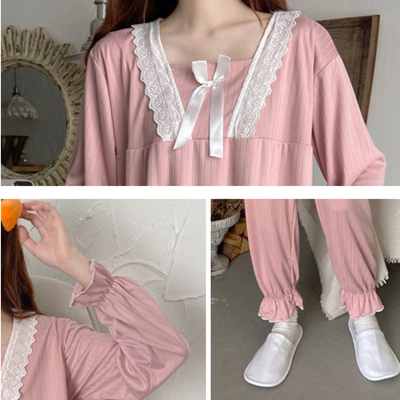 

Pajama Sets Womens Long Sleeve Simple Cute Sweet Girls Ruffles Homewear Leisure Soft High Quality Plus Size Thin 2pieces Female
