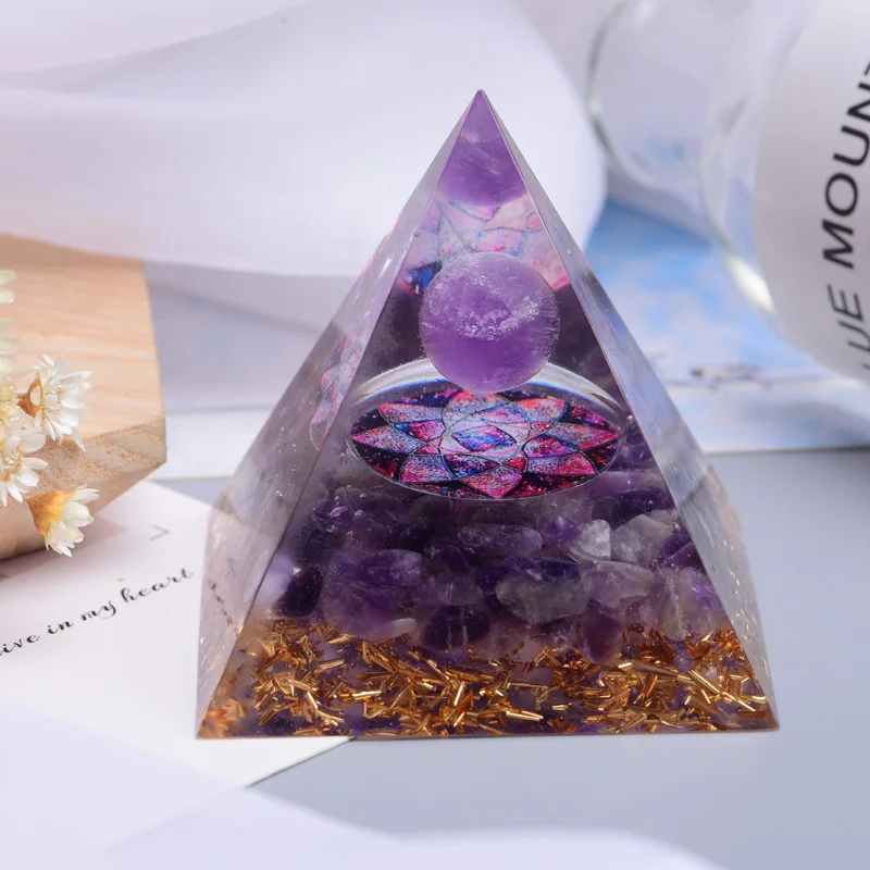 

Orgonite Pyramid 60mm Amethyst Crystal Sphere Amethyst Natural Cristal Stone Orgone Energy Healing Reiki Chakra Multiplier