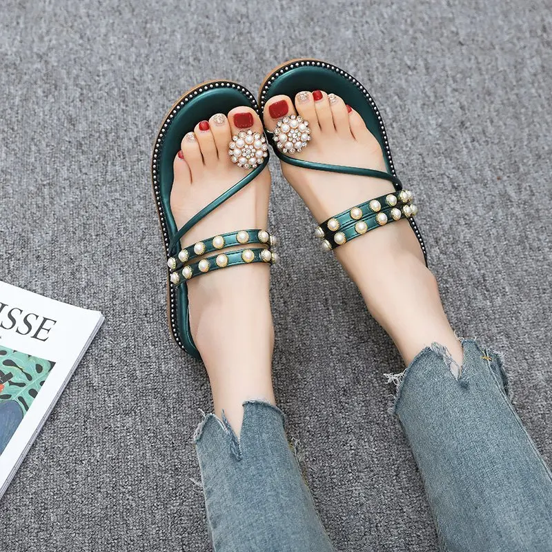 

Med String Bead Shoes Slippers Flat Slides Slipers Women Rubber Flip Flops Fashion 2021 Hawaiian Luxury PU Scandals Female Shoes