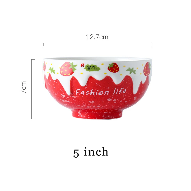 Cute Strawberry Ceramic Bowl Breakfast Cereal Calix Water Milk With Lid Tableware Fruit Ramen Soup Friends Gift Dessert Cups | Дом и сад