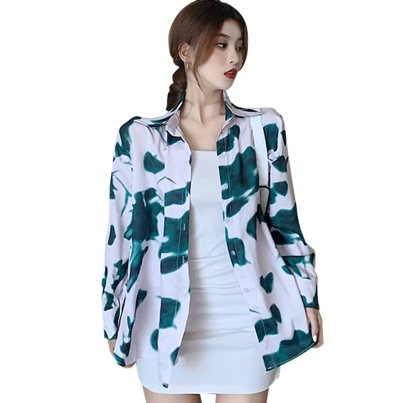 Women Printing Long Sleeve Blouse Autumn Floral Turn Down Collar Single-breasted Shirts