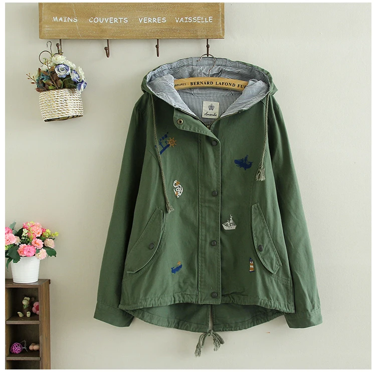 Anchor boats embroidery hooded zipper jacket female casual coat army green khaki