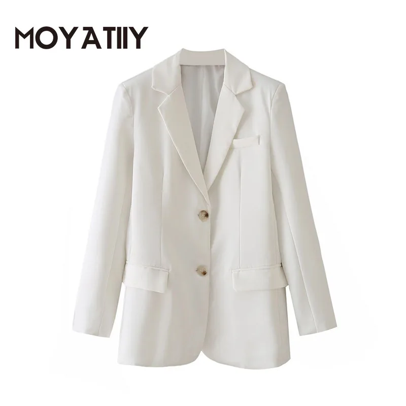 

MOYATIIY Женская мода 2021 Новый Блейзер Пальто белый однотонный офис леди тонкий пальто элегантный стиль Женские топы для свадьбы