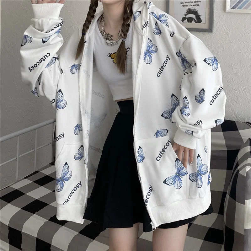 

Summer Harajuku Butterfly Hoodie With Zipper Women Sweatshirt 2021 Spring Oversized Hoodies Outerwear Plus Size
