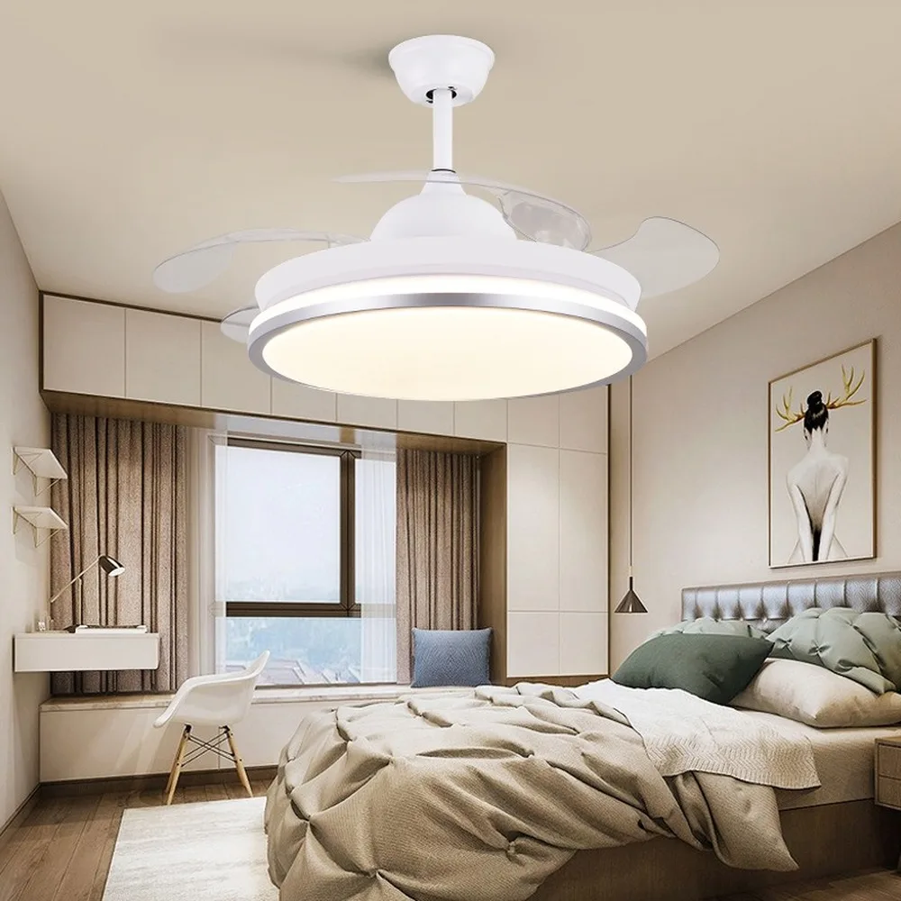 

Led ceiling fan lamp with remote control circular DC frequency lamp for bedroom decoration, retractable and reversible