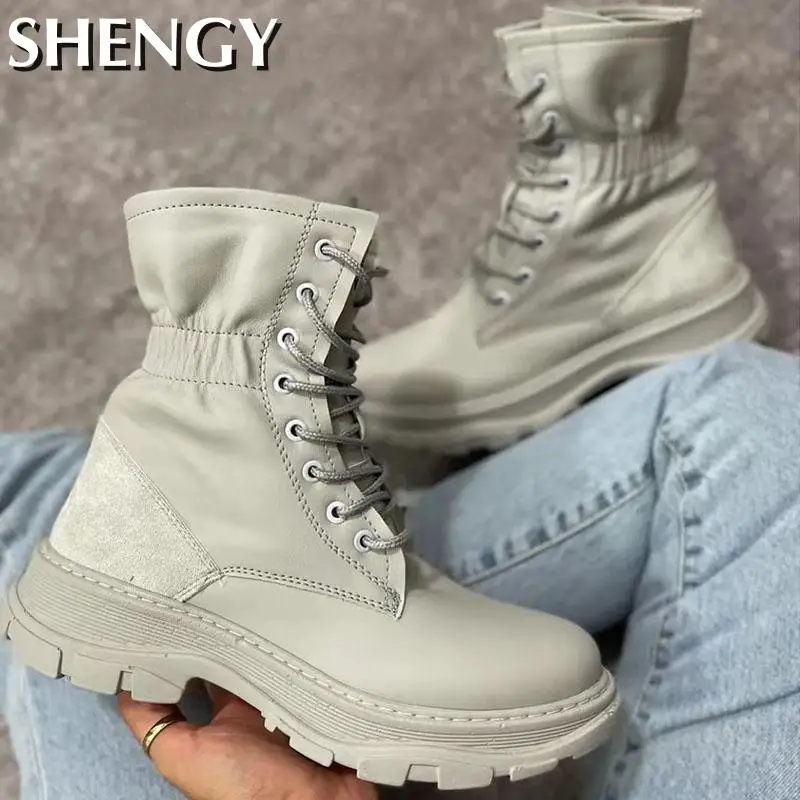 

2021 Fashion Woman Platform Booties Solid Color Pu Leather Lace Up Ankle Boots Winter Female Sport Shoes Women Casual Wedge Boot