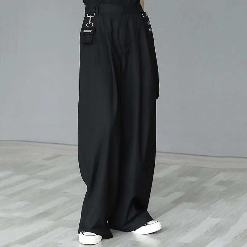 [EAM] High Waist Wide Leg Black Long Pleated Strap Trousers New Loose Pants Women Fashion Tide Spring Autumn 2021 1DD7758