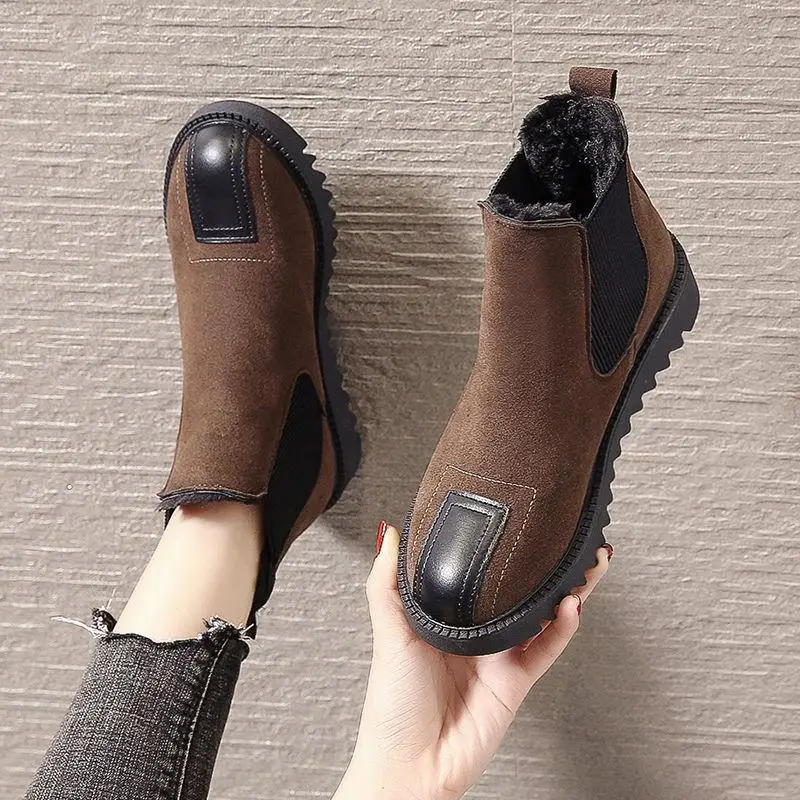 Chelsea Style Women's Winter Autumn Boots Female Fur Sneakers Keep Warm Shoes Black Woman Ankle Boots Flat Boats 2021 Fashion