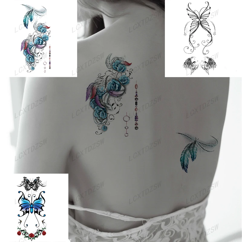 Sexy Blue Tattoo Temporary Sticker And Waterproof Flower Half Arm Or Watercolor Tattoo, Suitable For Men And Women