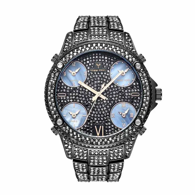 

2021 MISSFOX Black Men's Fashion Business Watches Luxury 5 Time Zones Black Steel Seiko Movement Male Quartz Watch